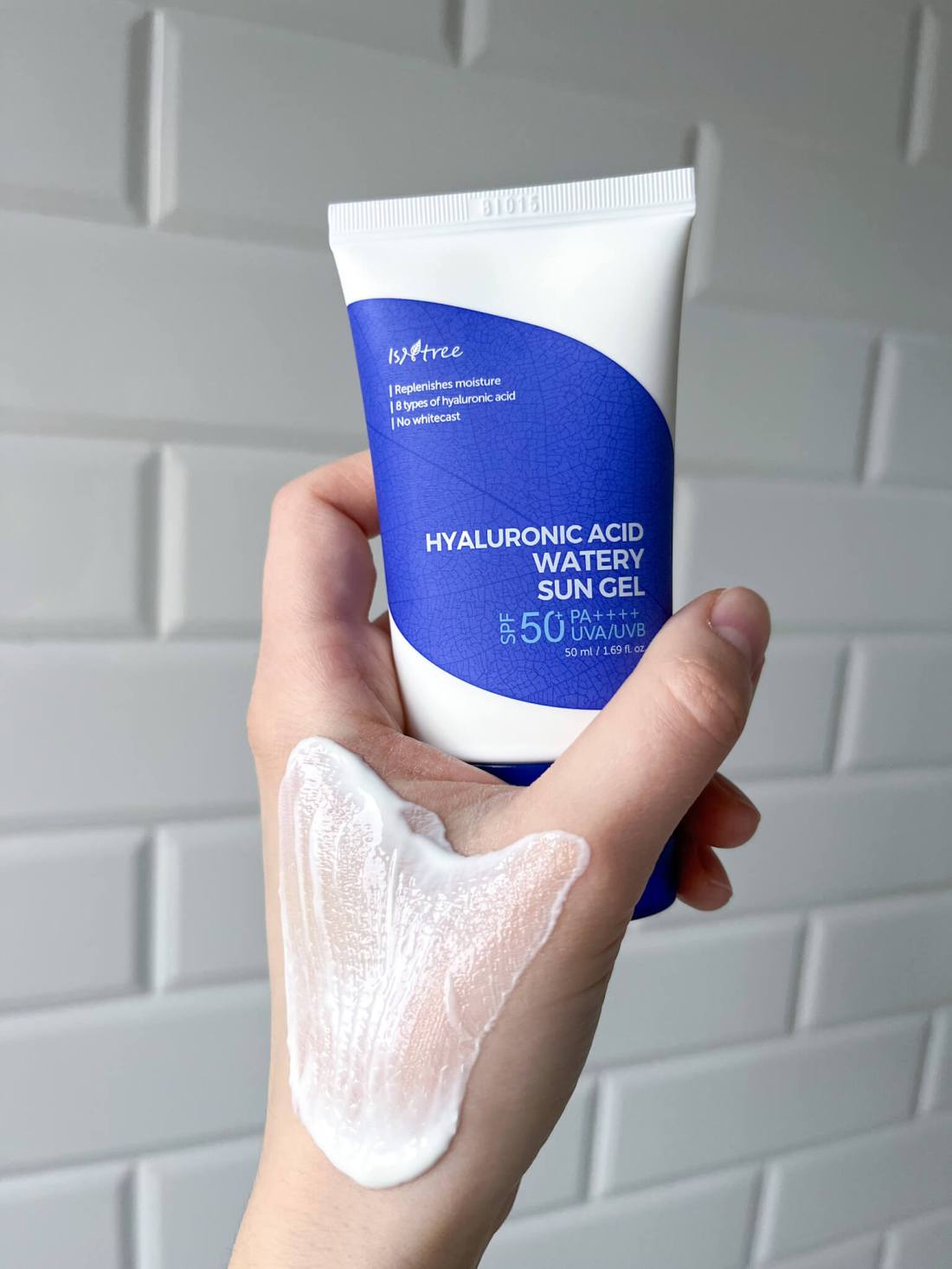 Isntree Hyaluronic Acid Watery Sun Gel swatched on hand