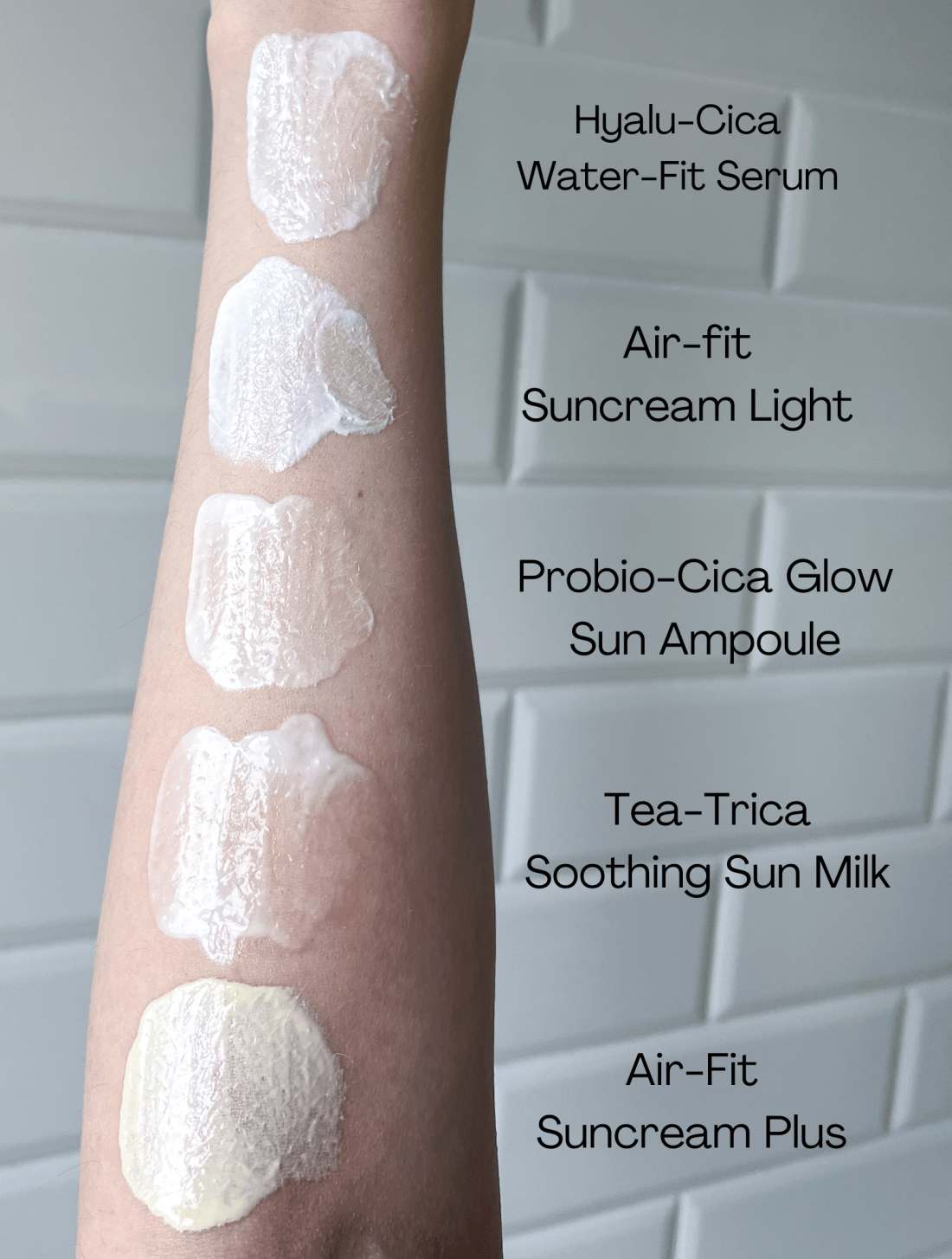 SKIN1004 sunscreen comparison swatches